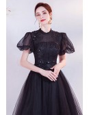 Gorgeous Beaded Lace Gothic Long Black Prom Dress Ballgown with Bubble Sleeves