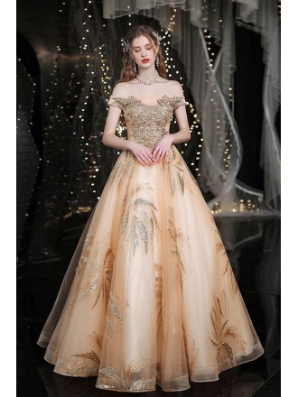 Stunning Gold Sequins Off Shoulder Luxury Prom Dress Ball Gown with Bling