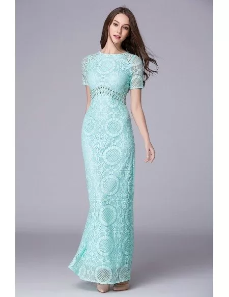 Mint Green Feminine A-Line Lace Long Prom Dress With Sleeves
