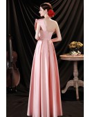 Unique Cute Big Bow Front Pink Satin Party Prom Dress Simple