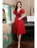 Red Bling Tulle Knee Length Hoco Party Prom Dress with Beadings