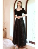 Long Black Retro Bubble Sleeved Party Dress with Bling Stars