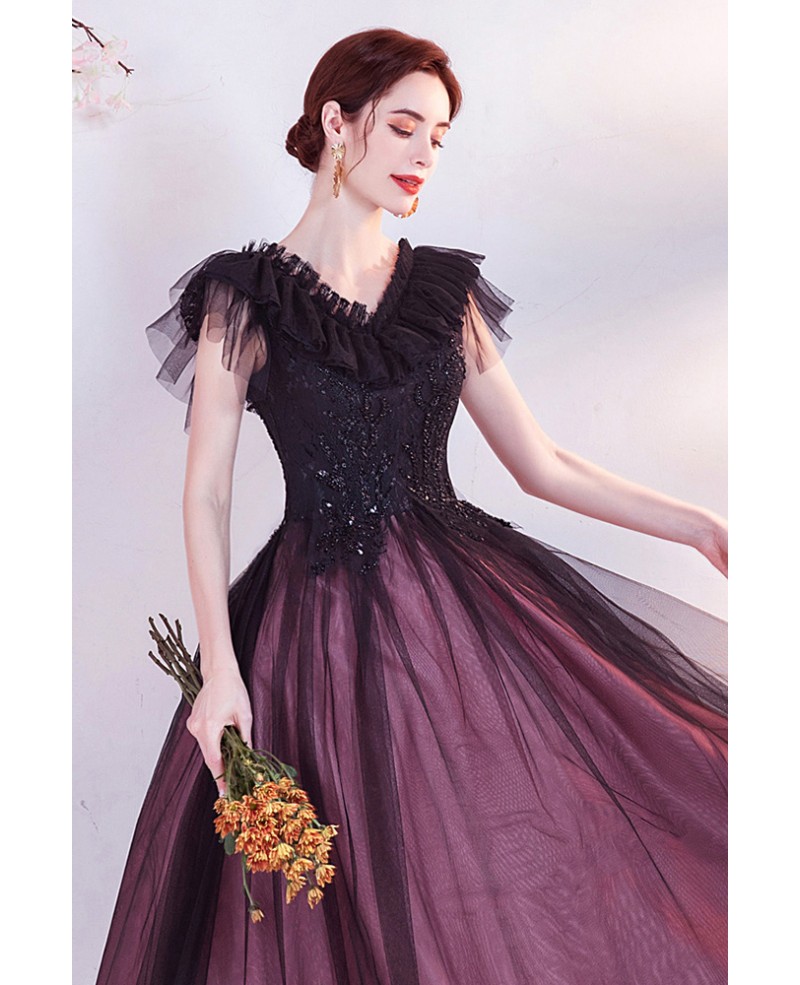 Special Black Tulle Ballgown Modest Prom Dress Vneck with Cap Sleeves ...