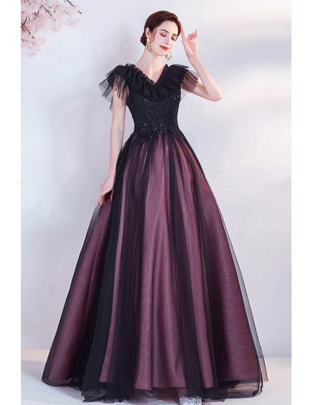 Special Black Tulle Ballgown Modest Prom Dress Vneck with Cap Sleeves