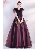 Special Black Tulle Ballgown Modest Prom Dress Vneck with Cap Sleeves