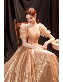 Bling Bright Gold Prom Party Dress Square Neckline with Bubble Sleeves