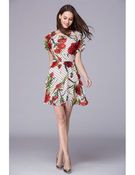Summer Floral Print Chiffon Short Weeding Guest Dress With Sleeves