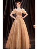 Bling Bright Gold Prom Party Dress Square Neckline with Bubble Sleeves