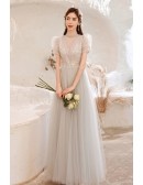 Gorgeous Grey Flowy Tulle Prom Dress with High Neck Bubble Sleeves
