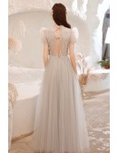 Gorgeous Grey Flowy Tulle Prom Dress with High Neck Bubble Sleeves