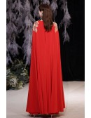 Stunning Red Flowy Formal Long Evening Dress with Sequined Cape
