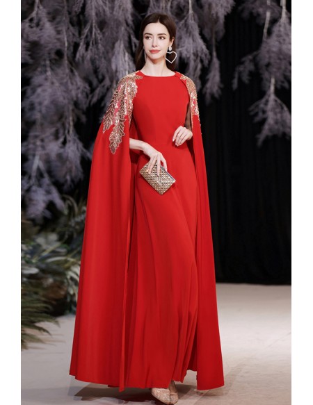 Stunning Red Flowy Formal Long Evening Dress with Sequined Cape