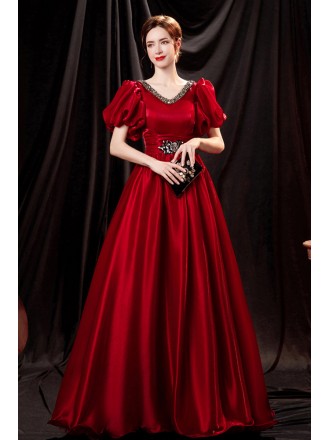 Formal Beaded Vneck Ballgown Evening Dress with Bubble Sleeves