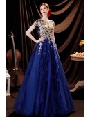Luxe Princess Blue with Gold Ballgown Prom Dress with Embroidery