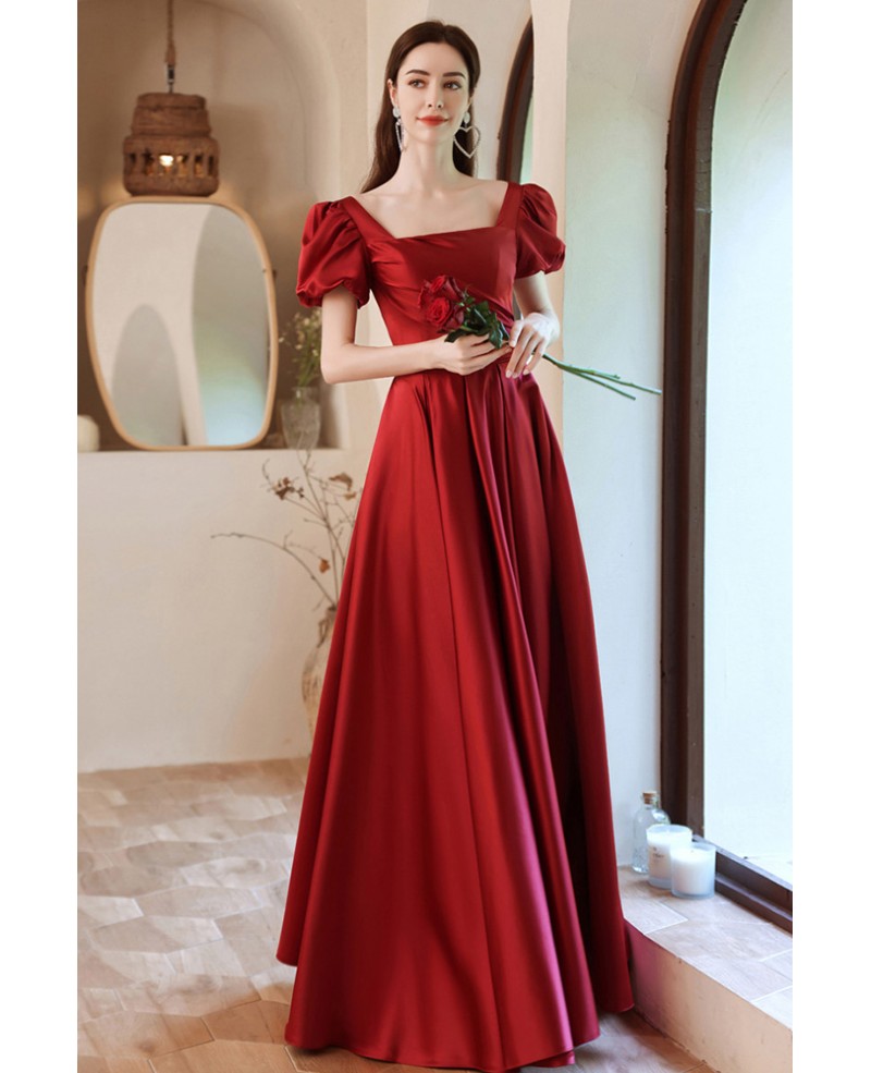 Red Satin Square Neckline Evening Prom Dress with Bubble Sleeves ...
