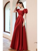 Red Satin Square Neckline Evening Prom Dress with Bubble Sleeves