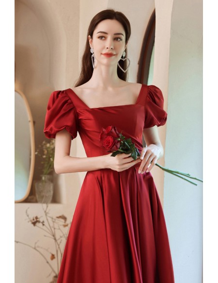 Red Satin Square Neckline Evening Prom Dress with Bubble Sleeves