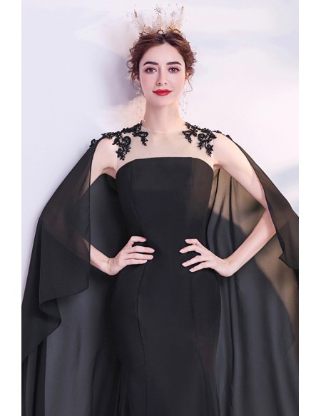 Stunning Black Flowy Formal Prom Dress with Cape Sweet Train