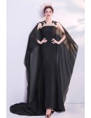 Stunning Black Flowy Formal Prom Dress with Cape Sweet Train