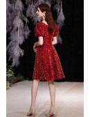Red Bling Sequined Short Party Dress with Bubble Sleeves