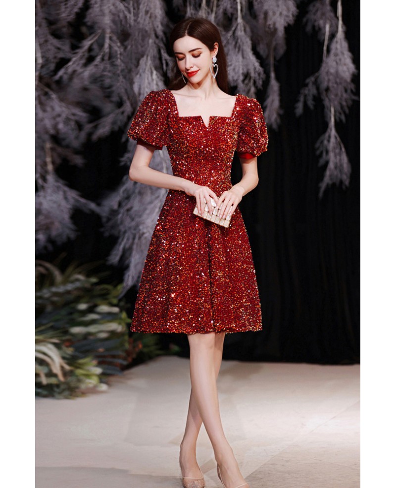 Red Bling Sequined Short Party Dress with Bubble Sleeves Wholesale # ...