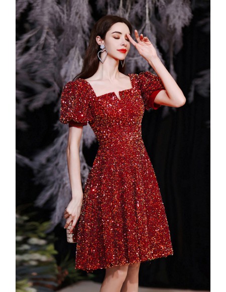 Red Bling Sequined Short Party Dress with Bubble Sleeves