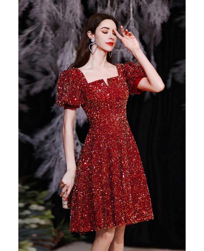 Red Bling Sequined Short Party Dress with Bubble Sleeves Wholesale # ...