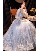 Luxury Embroidered Lace Grey Ballgowm Prom Dress with Tulle Sleeves