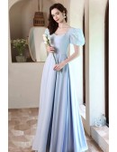 Slim Long Sky Blue Pleated Satin Evening Prom Dress with Bubble Sleeves