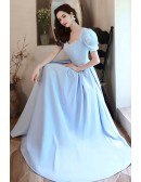 Slim Long Sky Blue Pleated Satin Evening Prom Dress with Bubble Sleeves