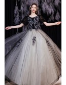 Unique Black Tulle Round Neck Ballgown Prom Dress with Bubble Sleeves