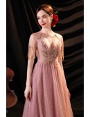 Pink Bling Tulle Aline Gorgeous Prom Dress with Sequined Patterns