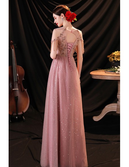 Pink Bling Tulle Aline Gorgeous Prom Dress with Sequined Patterns