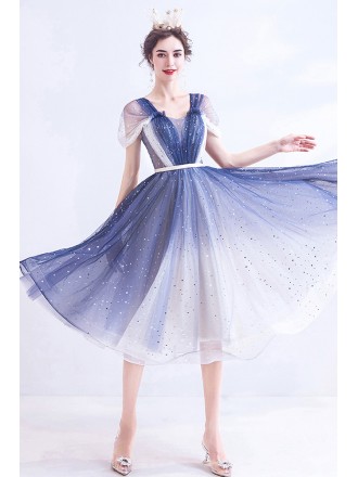 Fantasy Ombre Blue Sequins Short Knee Length Prom Dress For Teens