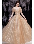 Luxe Bling Gold Square Neckline Ballgowm Prom Dress with Bubble Sleeves