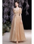 Luxe Bling Gold Square Neckline Ballgowm Prom Dress with Bubble Sleeves