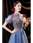 Blue Aline Modest Long Prom Dress with Colorful Sequins with Sleeves