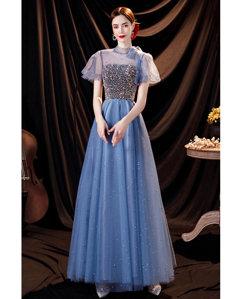 Blue Aline Modest Long Prom Dress with Colorful Sequins with Sleeves ...