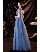 Blue Aline Modest Long Prom Dress with Colorful Sequins with Sleeves