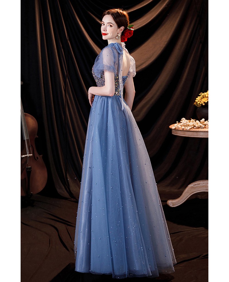 Blue Aline Modest Long Prom Dress with Colorful Sequins with Sleeves ...