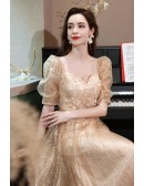 Romantic Gold Aline Long Prom Dress Bling with Bubble Sleeves