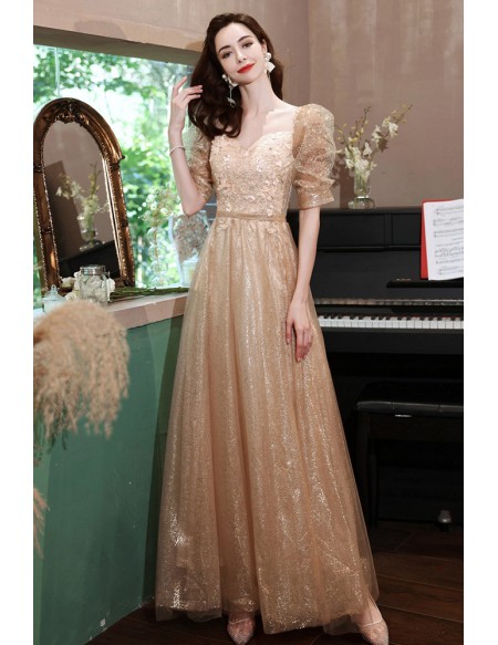 Romantic Gold Aline Long Prom Dress Bling with Bubble Sleeves