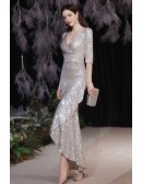 Silver Sequined Vneck Elegant Mermaid Party Dress with Half Sleeves