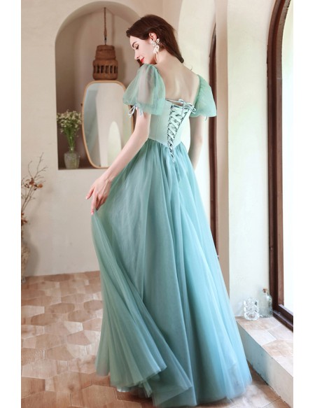 Elegant Mist Green Aline Tulle Prom Dress Square Neck with Bubble Sleeves