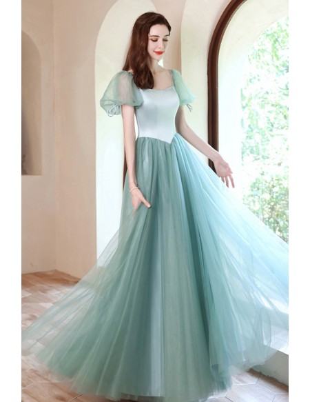 Elegant Mist Green Aline Tulle Prom Dress Square Neck with Bubble Sleeves