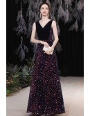 Black with Sequins Vneck Long Party Dress Sleeveless