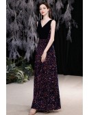 Black with Sequins Vneck Long Party Dress Sleeveless