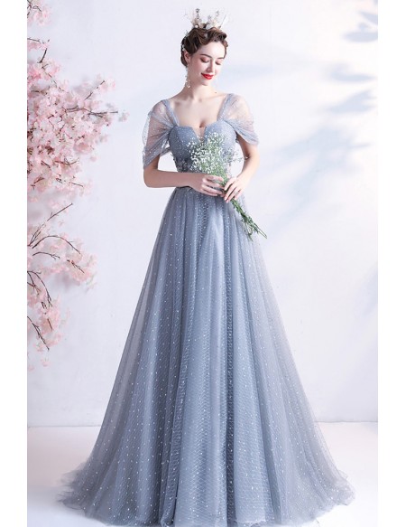 Dreamy Mist Blue Tulle Long Prom Dress with Appliques