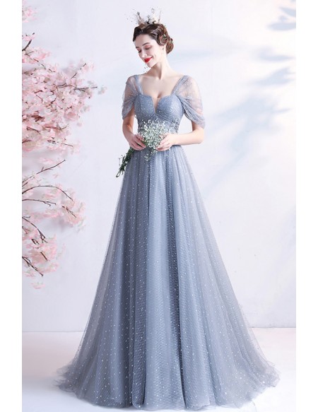 Dreamy Mist Blue Tulle Long Prom Dress with Appliques