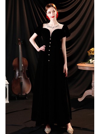 Noble Long Black Evening Dress Beaded Round Neck with Bubble Sleeves